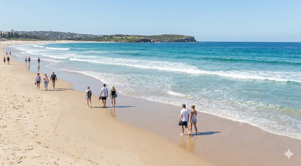 People walking along Bondi Beach